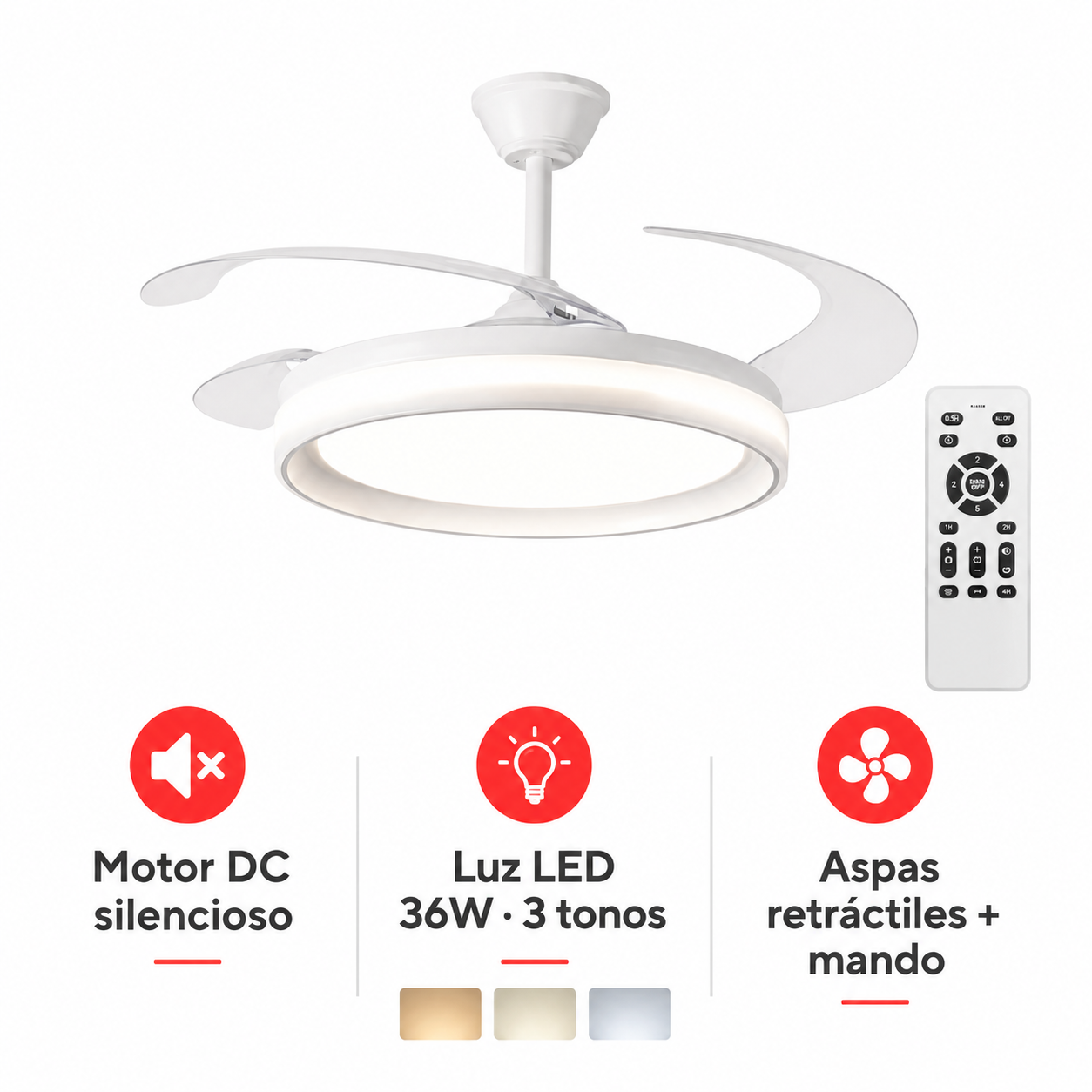 Ventilador de Techo con Luz LED 36W y Mando a Distancia — Motor DC Silencioso, 3 Tonos de Luz | Aspas Retráctiles