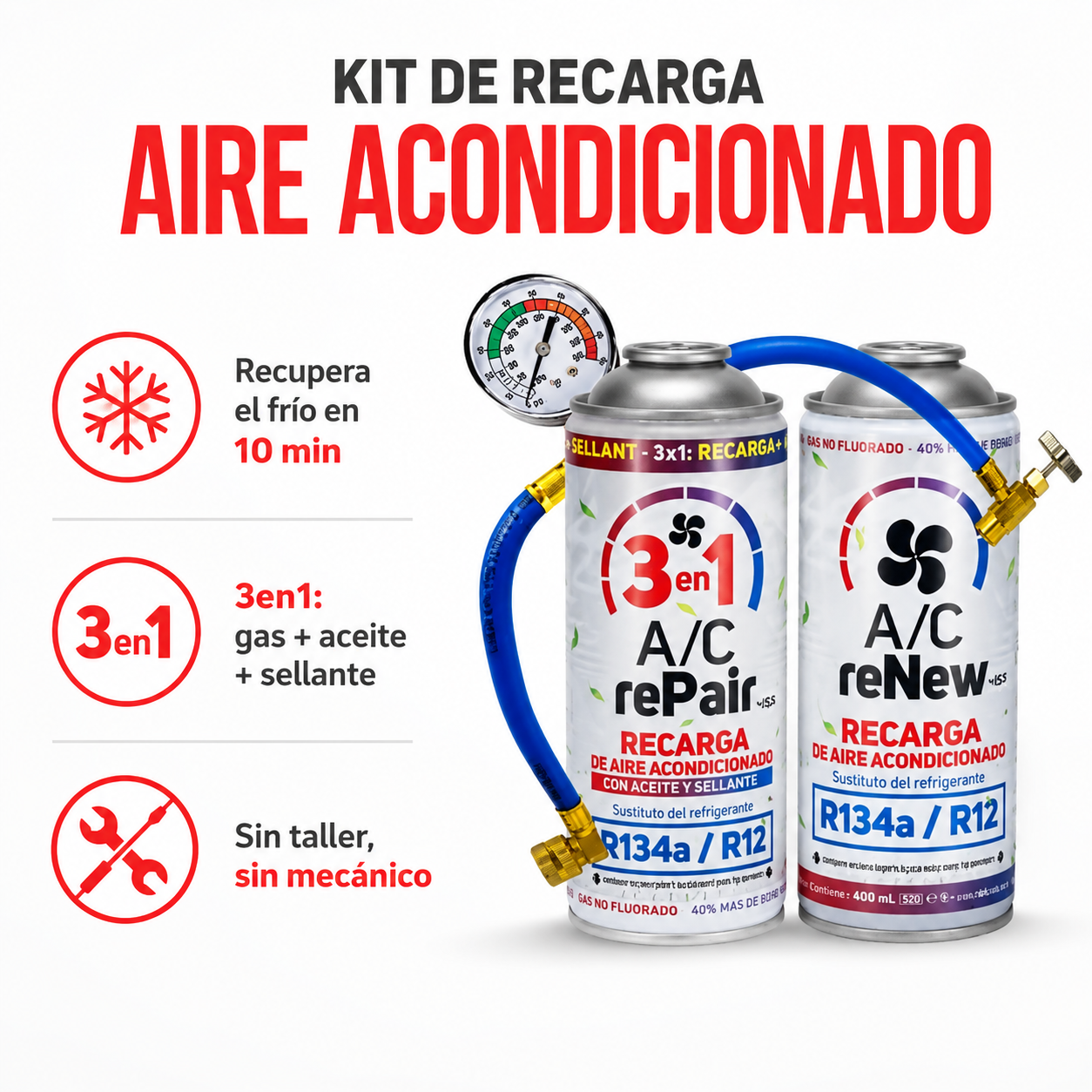 Recarga de Aire Acondicionado para Coche 3en1 — Gas + Aceite + Sellante | Repara tu A/C en casa sin taller (R134a / R12)