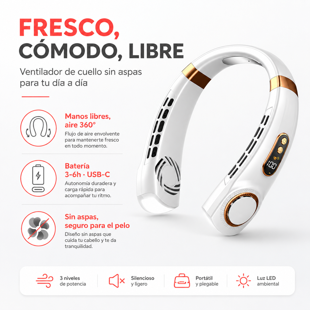 Ventilador de Cuello Portátil sin Aspas — Recargable USB-C, 5 Velocidades y Pantalla LED | Manos Libres para el Calor