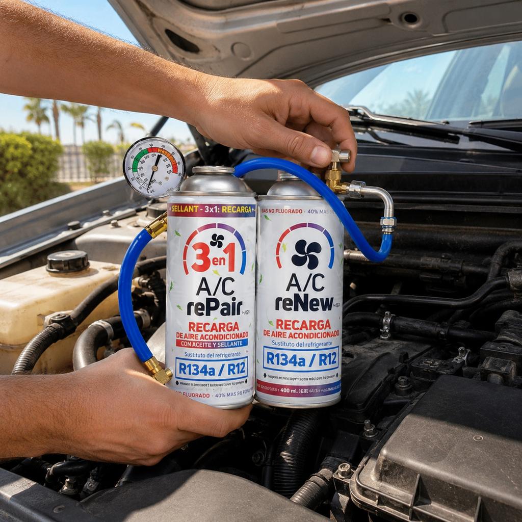 Recarga de Aire Acondicionado para Coche 3en1 — Gas + Aceite + Sellante | Repara tu A/C en casa sin taller (R134a / R12)