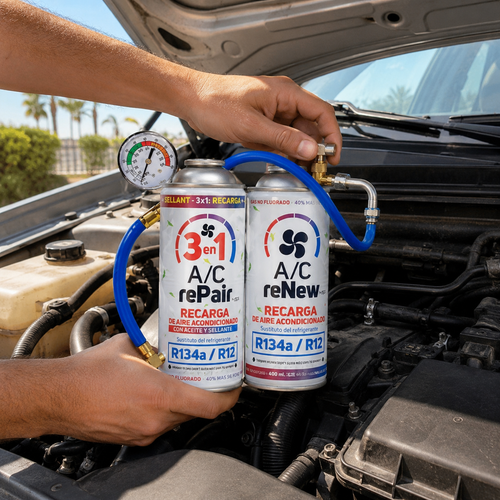 Recarga de Aire Acondicionado para Coche 3en1 — Gas + Aceite + Sellante | Repara tu A/C en casa sin taller (R134a / R12)