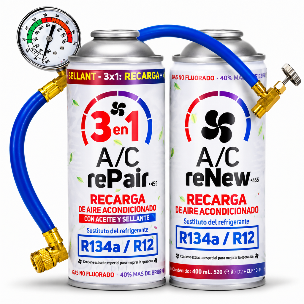 Recarga de Aire Acondicionado para Coche 3en1 — Gas + Aceite + Sellante | Repara tu A/C en casa sin taller (R134a / R12)