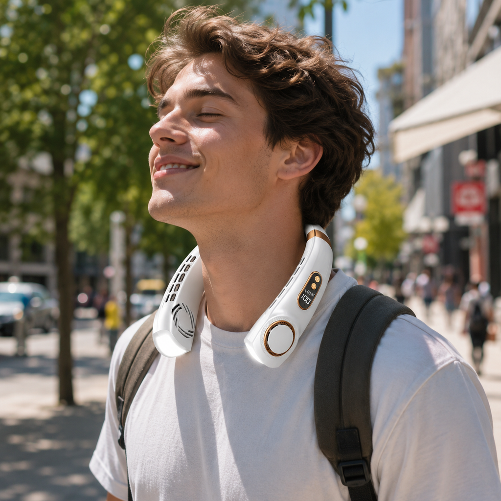 Ventilador de Cuello Portátil sin Aspas — Recargable USB-C, 5 Velocidades y Pantalla LED | Manos Libres para el Calor