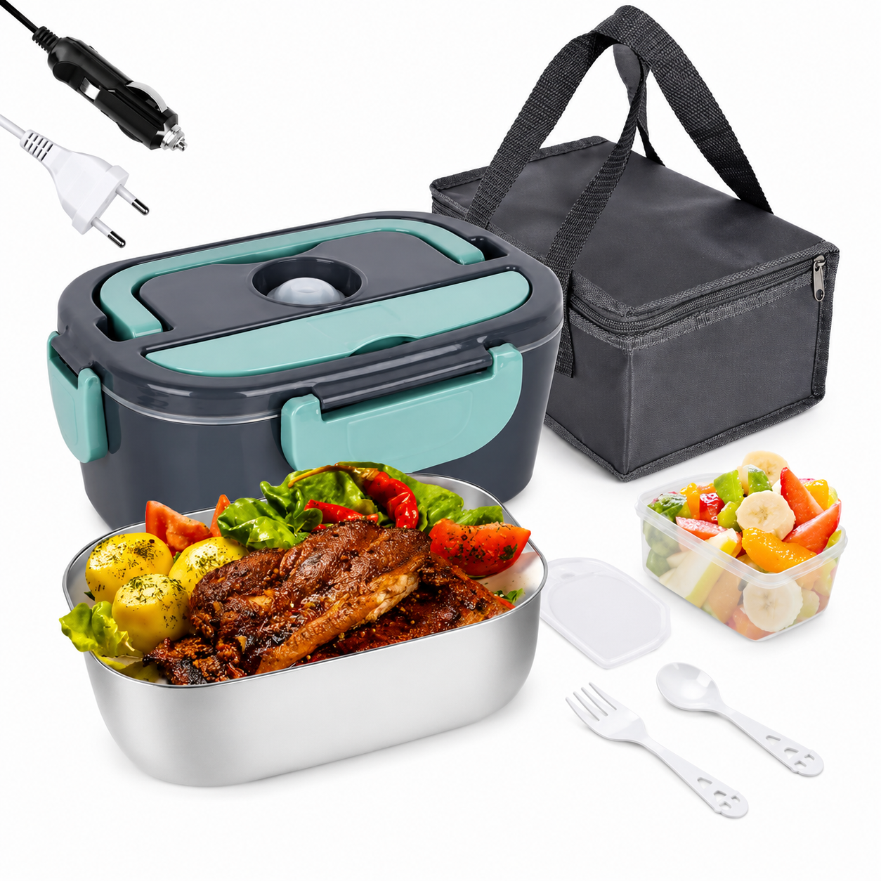 Fiambrera Eléctrica Portátil 1,5L — Calienta tu Comida en Casa, Trabajo o Coche (Enchufe 220V + 12V) | Acero Inoxidable