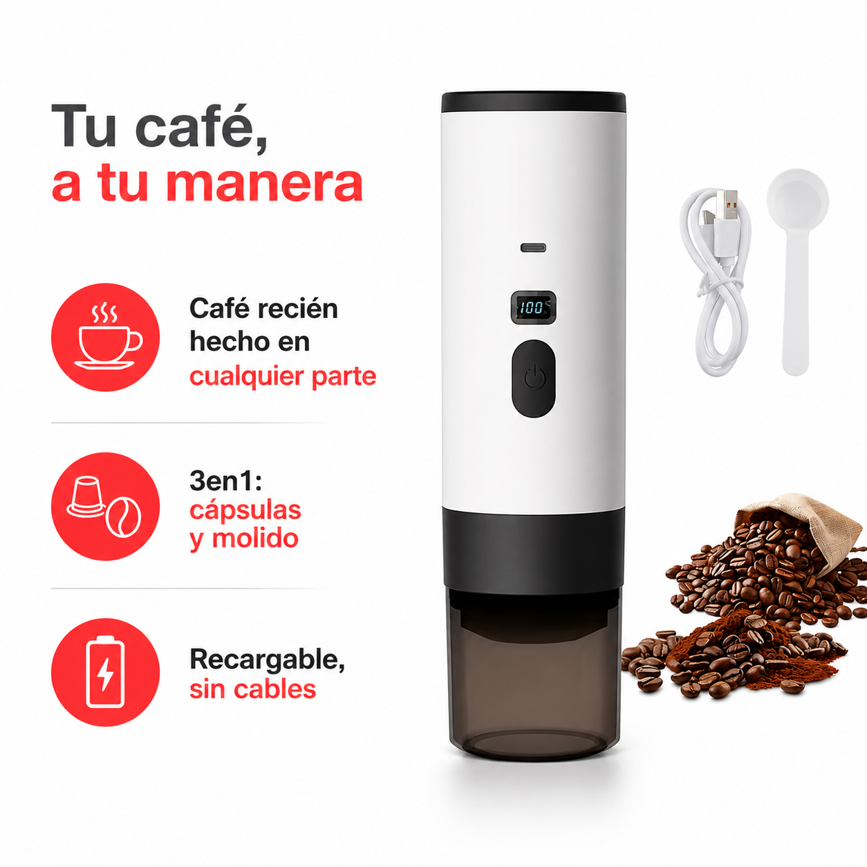 Cafetera de Cápsulas Portátil Eléctrica 3en1 — Café Recién Hecho en el Coche, la Oficina o de Viaje | Recargable