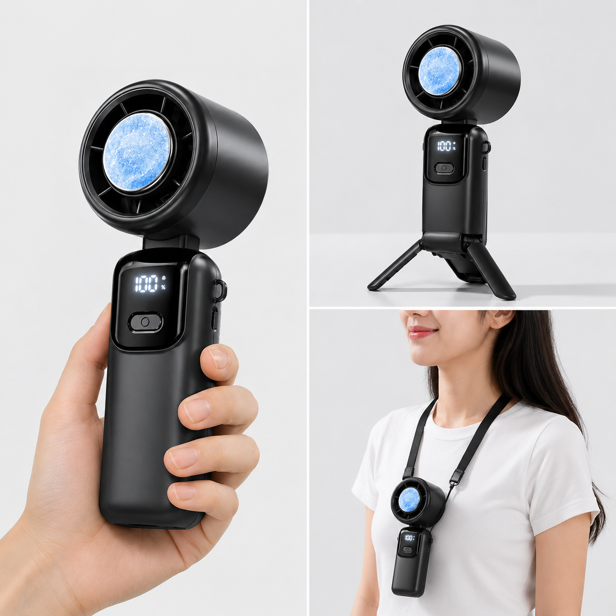 Ventilador Portátil 3en1 Turbo — De Mano, Mesa y Cuello | Recargable USB-C, Pantalla LED y hasta 100 Velocidades