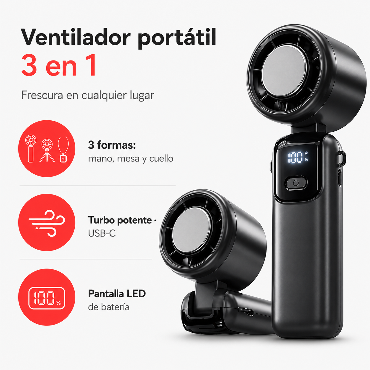 Ventilador Portátil 3en1 Turbo — De Mano, Mesa y Cuello | Recargable USB-C, Pantalla LED y hasta 100 Velocidades