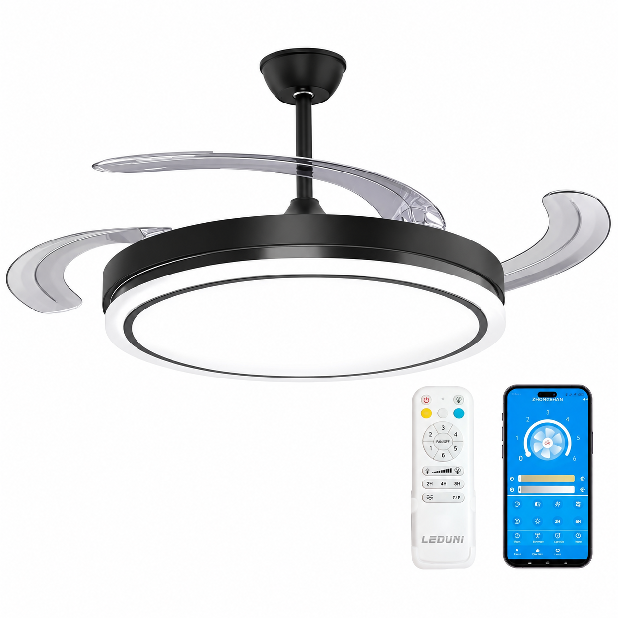 Ventilador de Techo con Luz LED 36W y Mando a Distancia — Motor DC Silencioso, 3 Tonos de Luz | Aspas Retráctiles