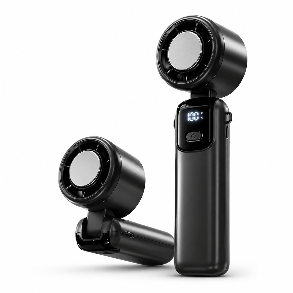 Ventilador Portátil 3en1 Turbo — De Mano, Mesa y Cuello | Recargable USB-C, Pantalla LED y hasta 100 Velocidades
