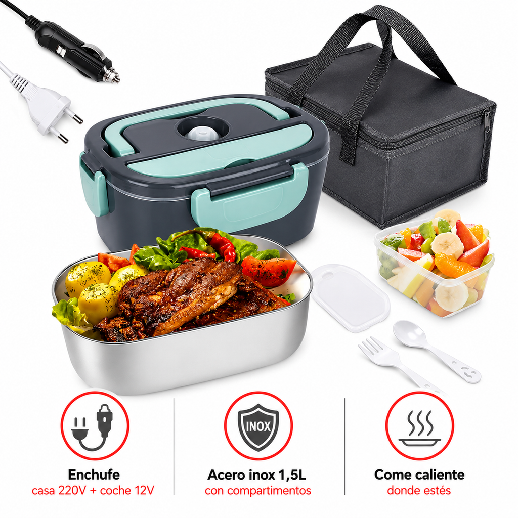 Fiambrera Eléctrica Portátil 1,5L — Calienta tu Comida en Casa, Trabajo o Coche (Enchufe 220V + 12V) | Acero Inoxidable