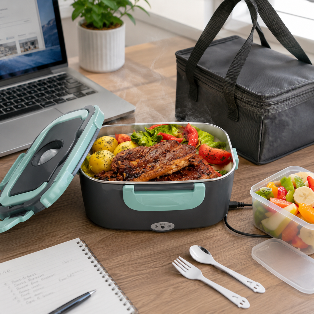 Fiambrera Eléctrica Portátil 1,5L — Calienta tu Comida en Casa, Trabajo o Coche (Enchufe 220V + 12V) | Acero Inoxidable