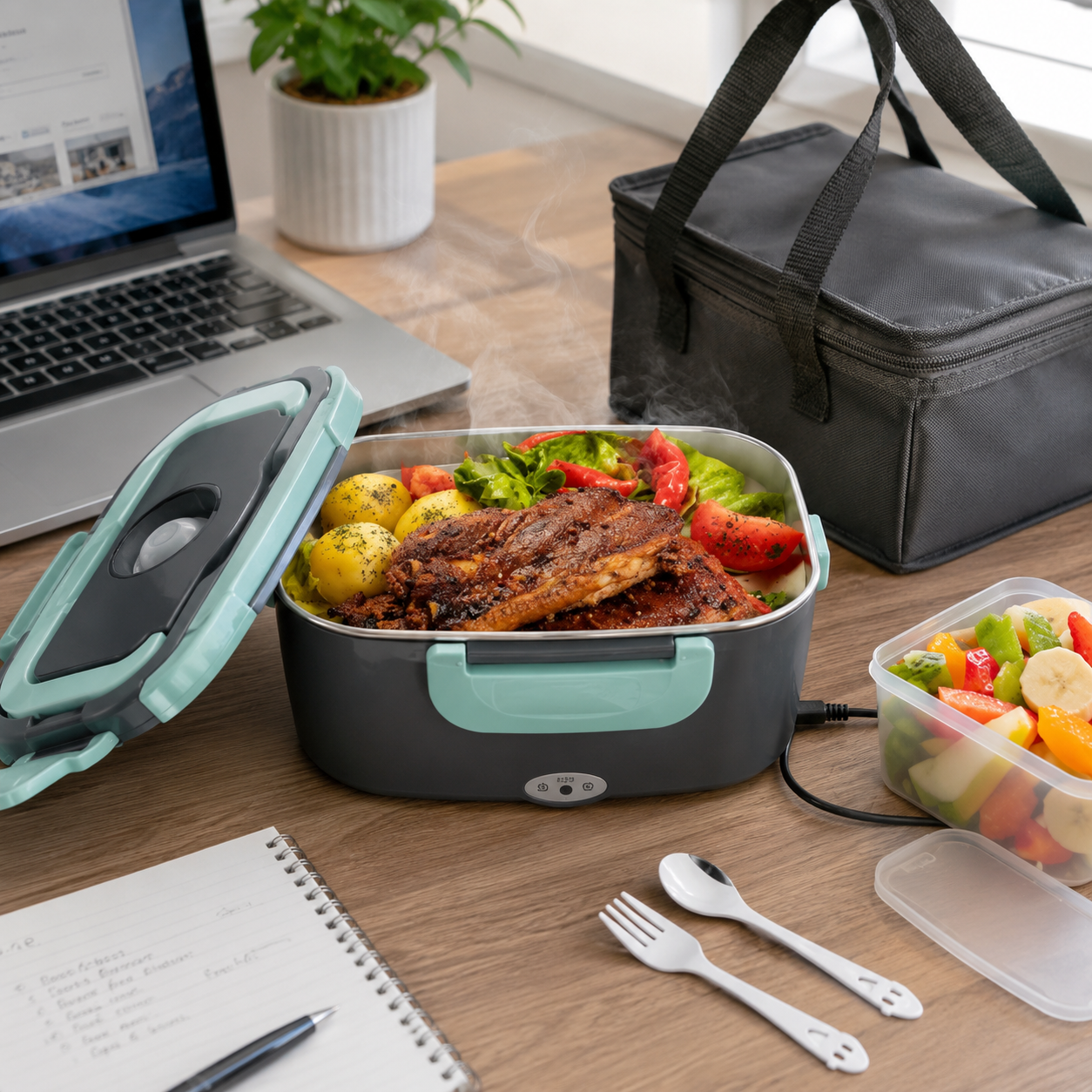 Fiambrera Eléctrica Portátil 1,5L — Calienta tu Comida en Casa, Trabajo o Coche (Enchufe 220V + 12V) | Acero Inoxidable