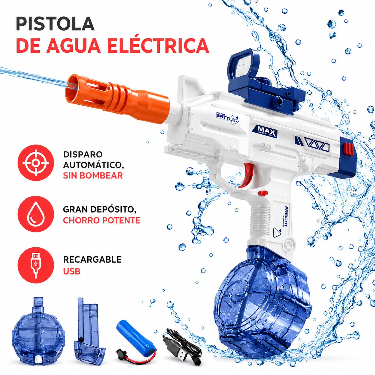 Pistola de Agua Eléctrica Recargable — Disparo Potente y Automático | Juguete de Verano para Piscina y Playa
